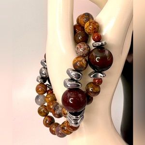Handmade Brown Agate & Silver Bead Stretch Bracelet